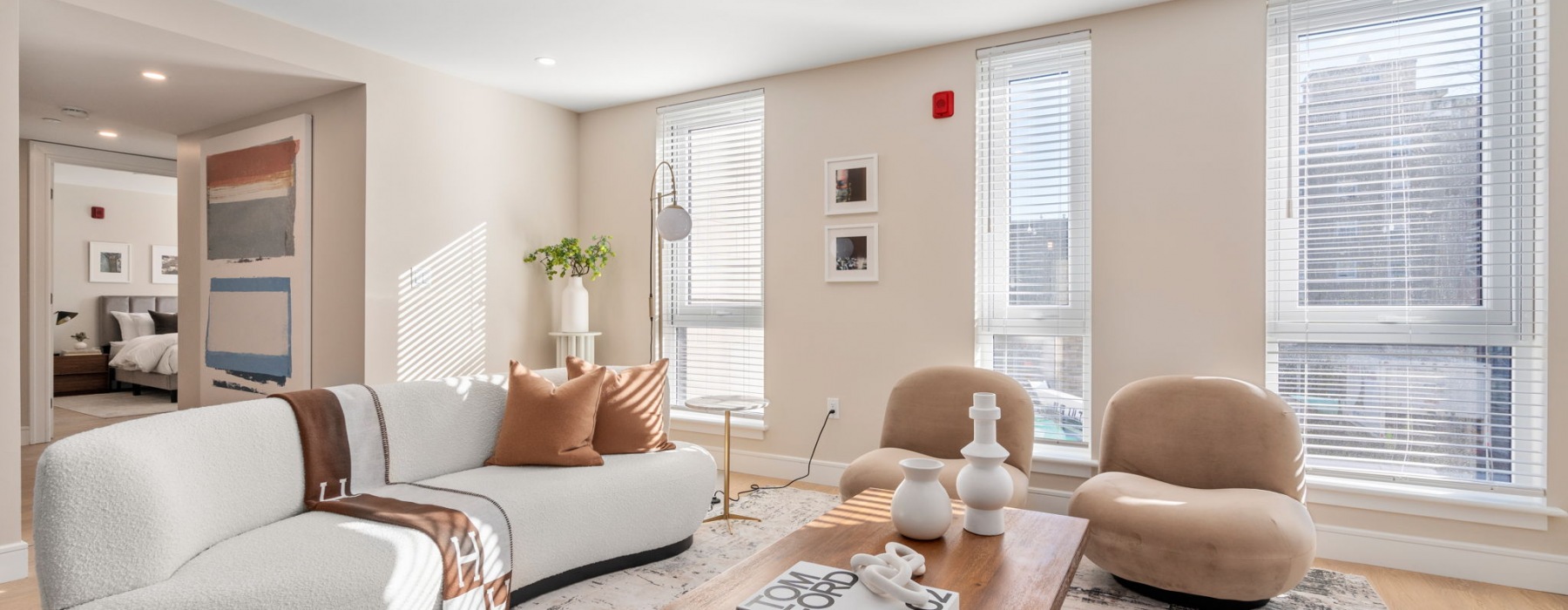 a living room with a large window